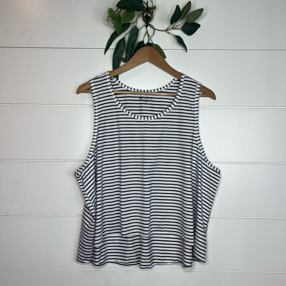 Athleta Striped Sleeveless Tank Top Navy White XL RN 54023 Yoga Gym Workout